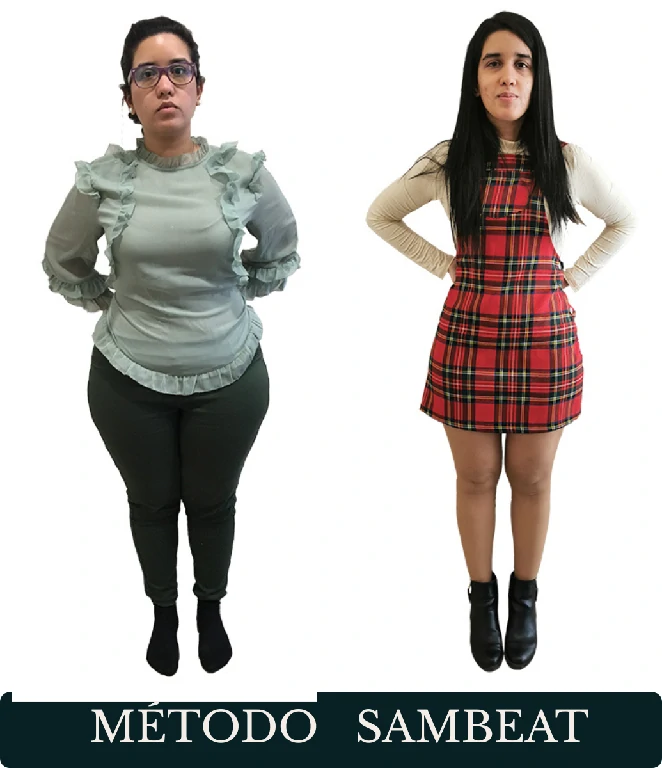 Resultado de cuerpo entero de Albany A. con el Método Sambeat Comparativa visual de Albany A. de cuerpo entero antes y después de su proceso con el Método Sambeat