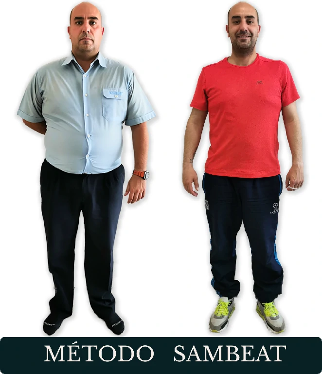 Evolución completa de Jesús F. con el Método Sambeat Antes y después de cuerpo entero de Jesús F. durante su proceso con el Método Sambeat