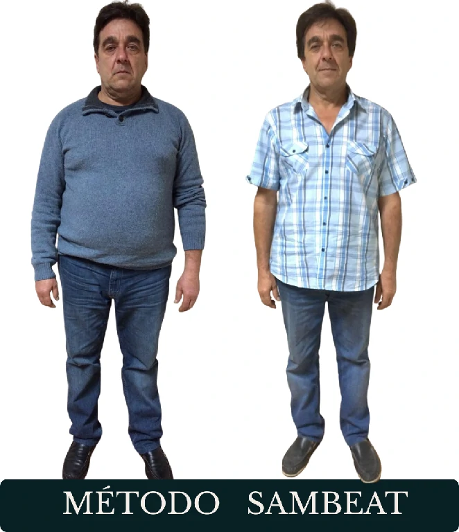 Transformación real de Miguel C. con el Método Sambeat Comparativa visual de cuerpo entero de antes y después de un caso real tratado con el Método Sambeat