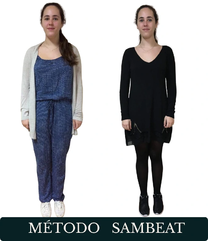 Resultado de cuerpo entero de Paloma P. con el Método Sambeat Comparativa visual de cuerpo entero de Paloma P. antes y después de su proceso con el Método Sambeat