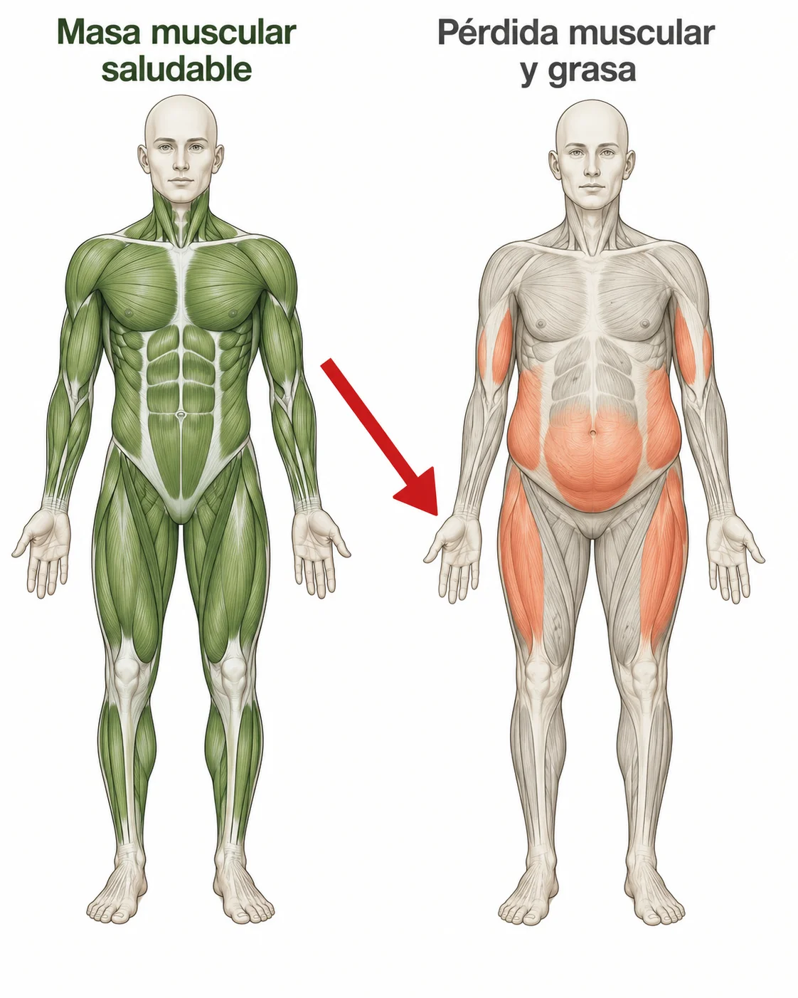 Comparación de masa muscular saludable vs pérdida muscular por Ozempic