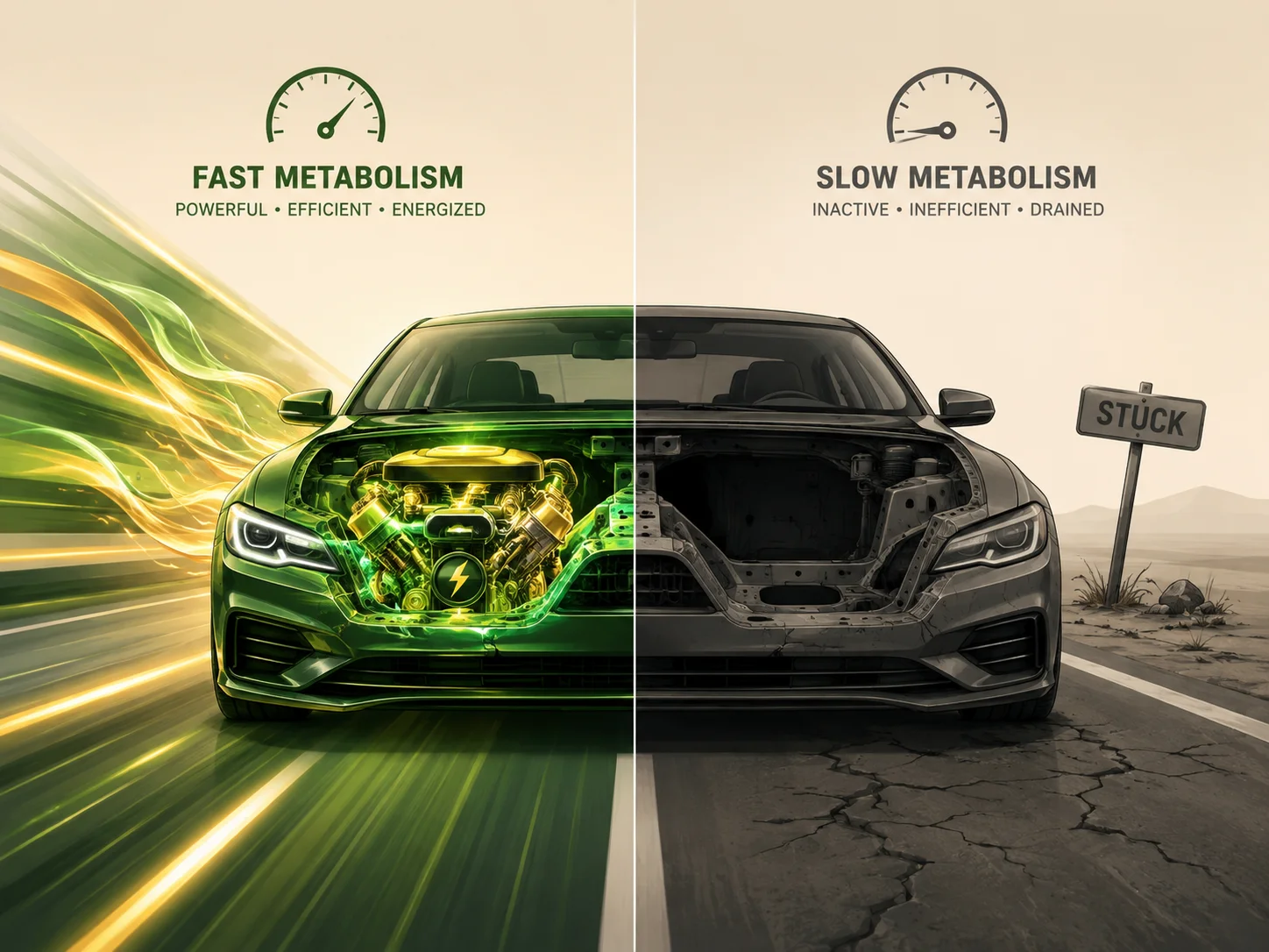 Comparación de metabolismo rápido vs lento: coche con motor potente vs coche sin motor