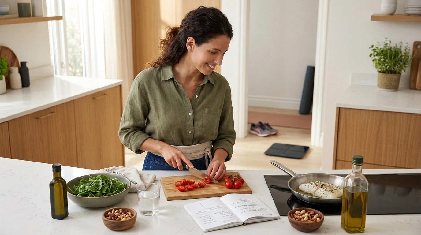 Para perder el peso ganado en vacaciones se ve a una mujer sonriente en una cocina moderna corta tomates cherry sobre una tabla de madera. En la encimera hay verduras frescas, pescado en una sartén, aceite de oliva, frutos secos y una agenda de planificación de comidas abierta. Al fondo se ve una esterilla de yoga y zapatillas.