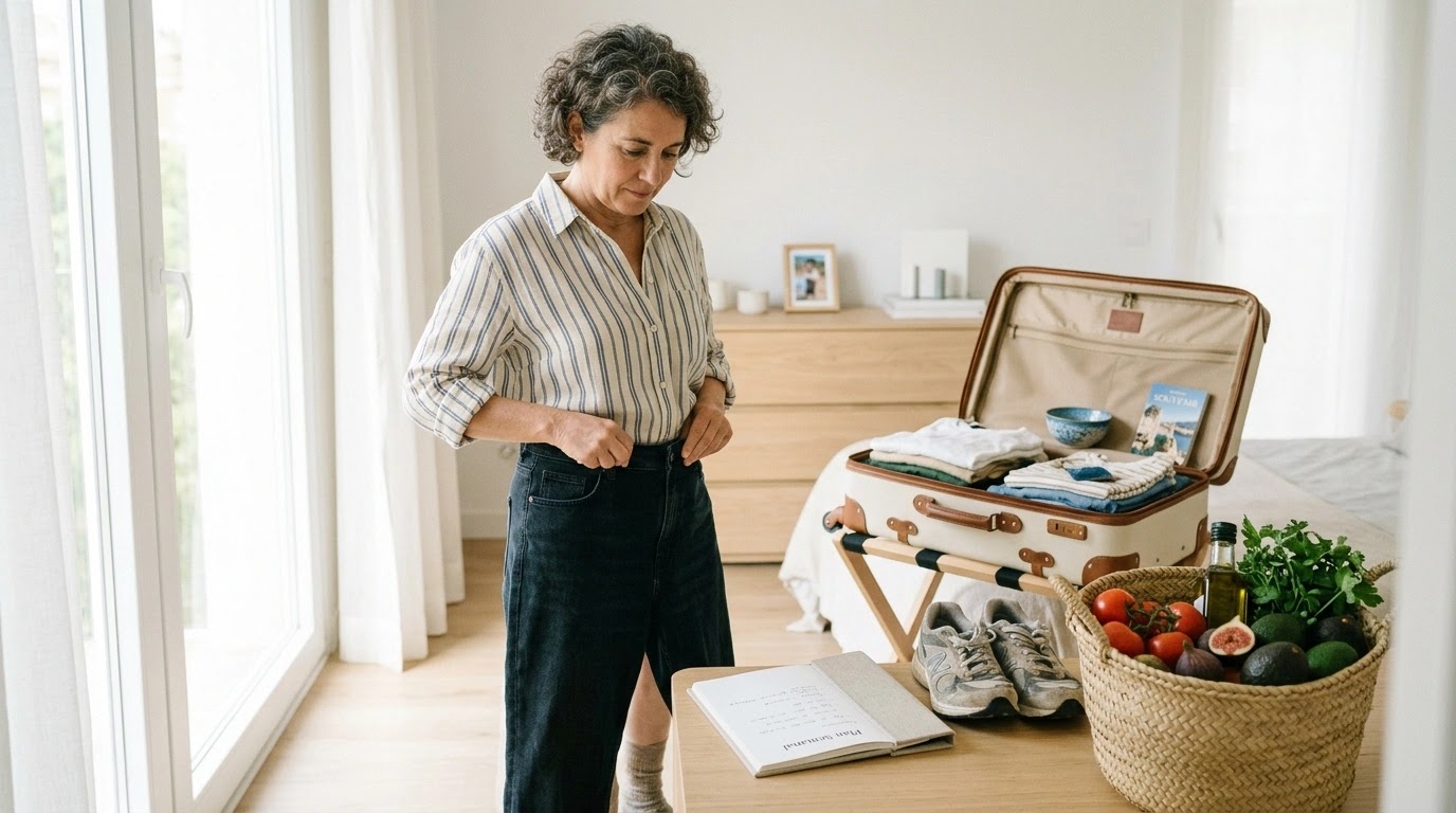 Una mujer de mediana edad, con el pelo rizado y canoso, se abrocha unos pantalones negros en un dormitorio luminoso. Los pantalones le quedan ajustados. Al fondo se ve una maleta abierta sobre un soporte y en primer plano, una cesta con verduras mediterráneas frescas y unas zapatillas de deporte, indicando un plan de vida saludable.